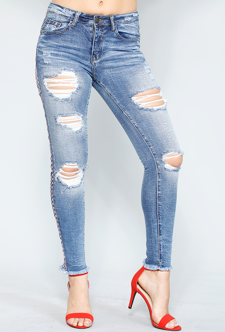 Checker Stripe Skinny Jeans