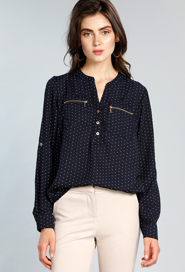 Office Blouse With Front Zipper Pocket
