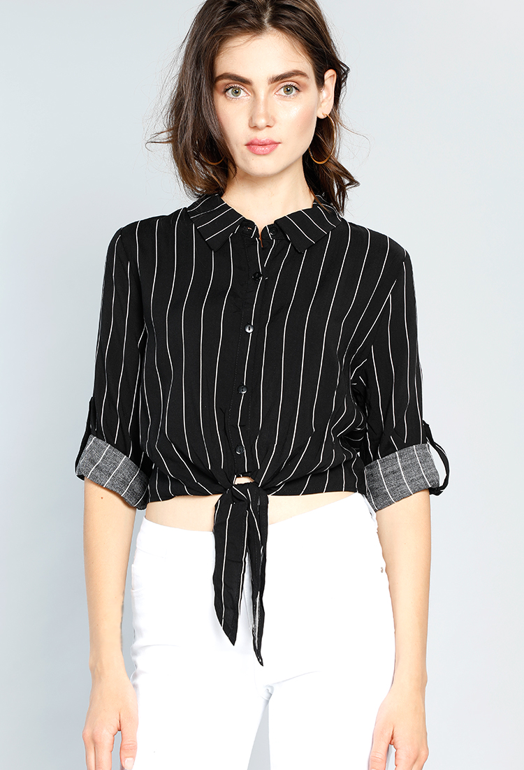 Front Tie Button Up With Stripes Top