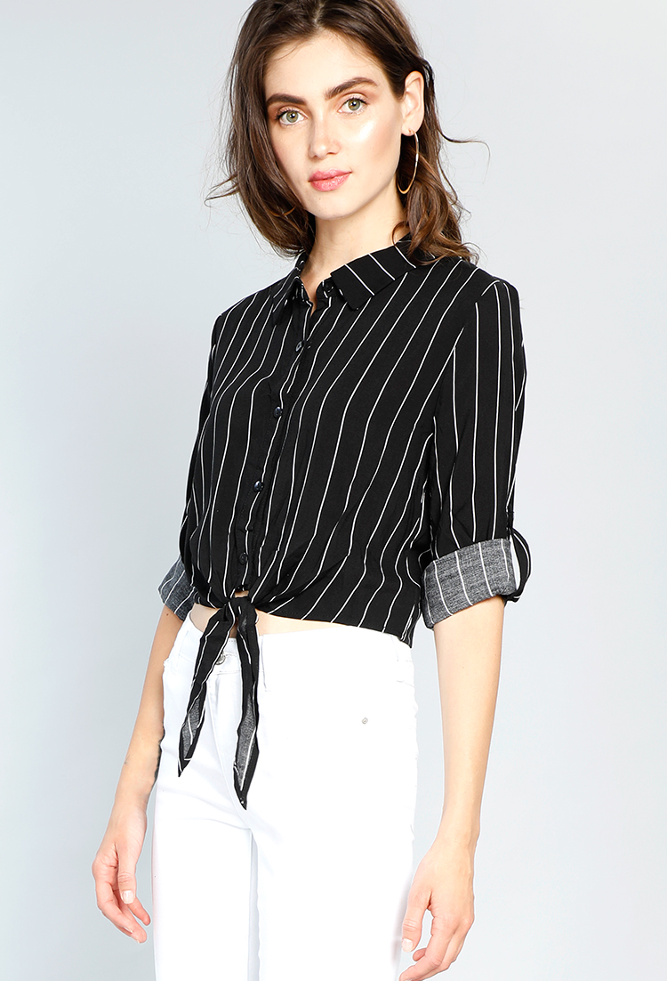 Front Tie Button Up With Stripes Top