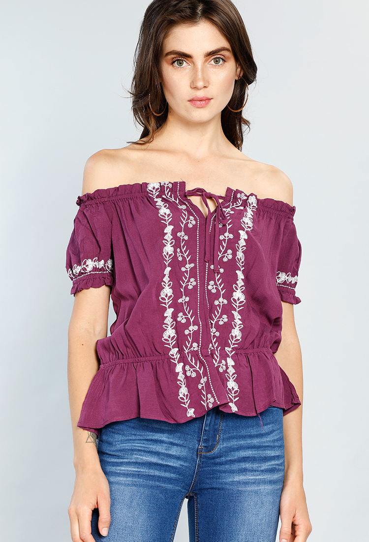 Floral Embroidered Front Tie Top