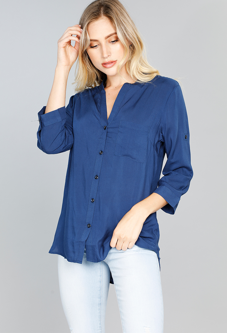 Front Pocket Button Up Blouse