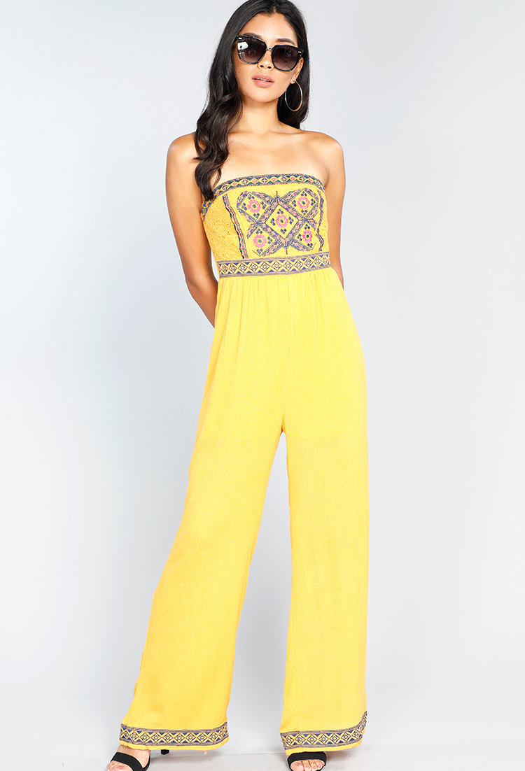 Floral Embroidered Strapless Jumpsuit