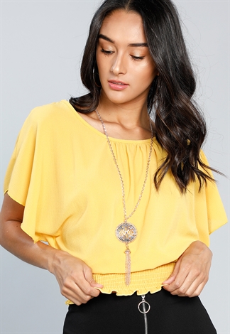 Smocked Detailed Dressy Top With Necklace
