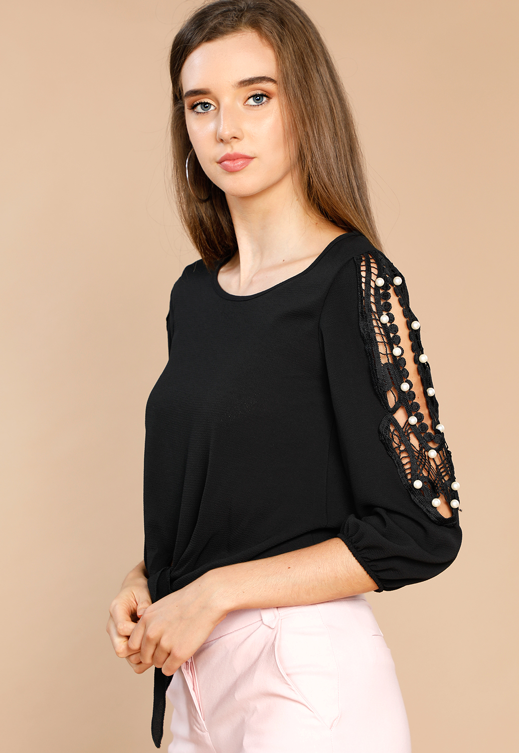 Tie Front Crochet Pearl Accented Sleeve Top
