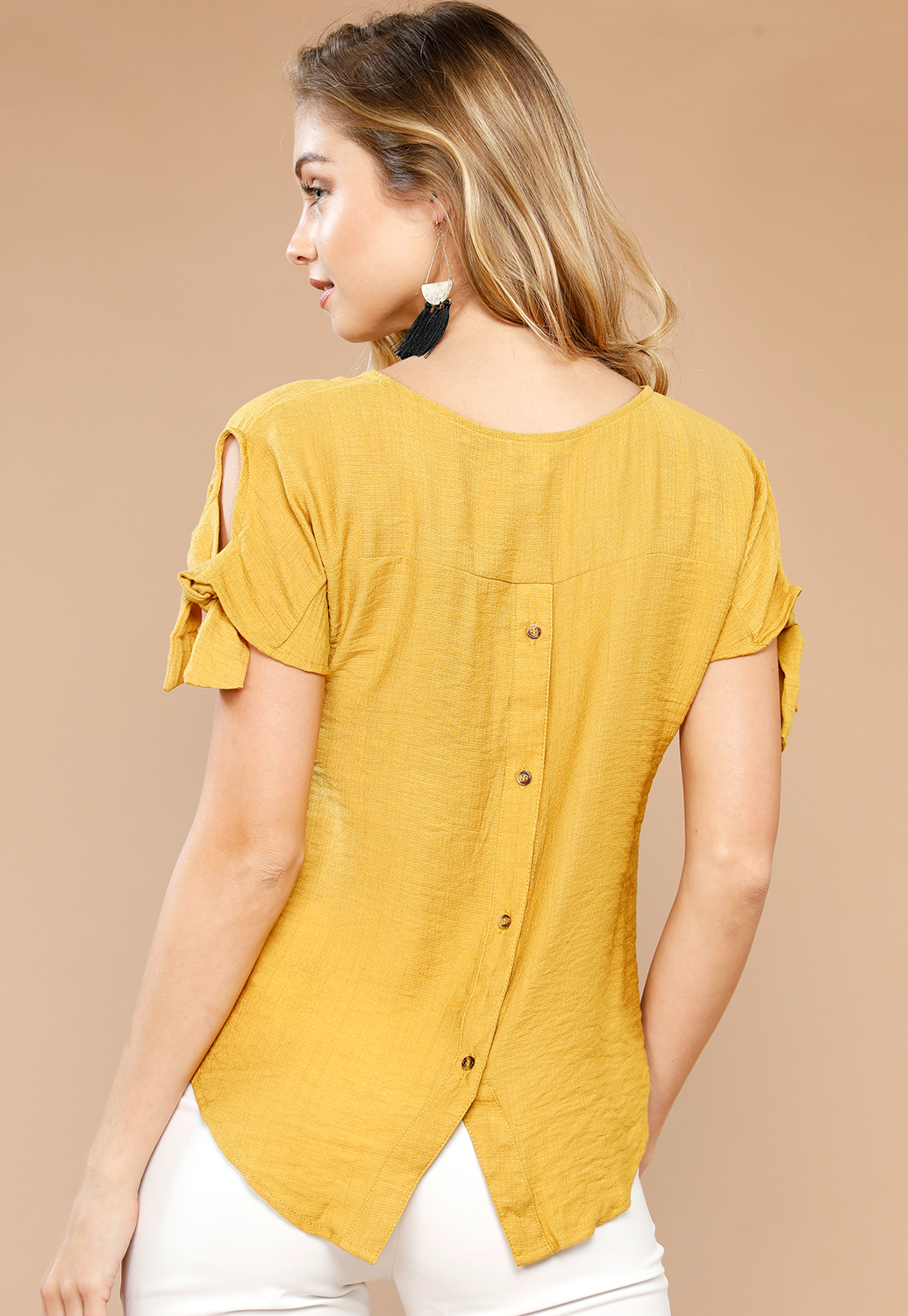 Button-Up Back Tie-Sleeve Blouse