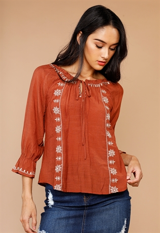 Long Sleeve Floral Embroidered Casual Top