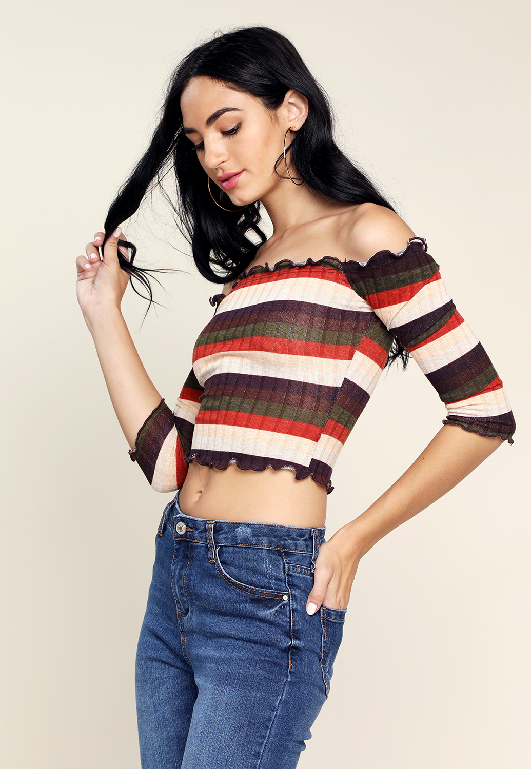 Off The Shoulder Striped Cropped Top