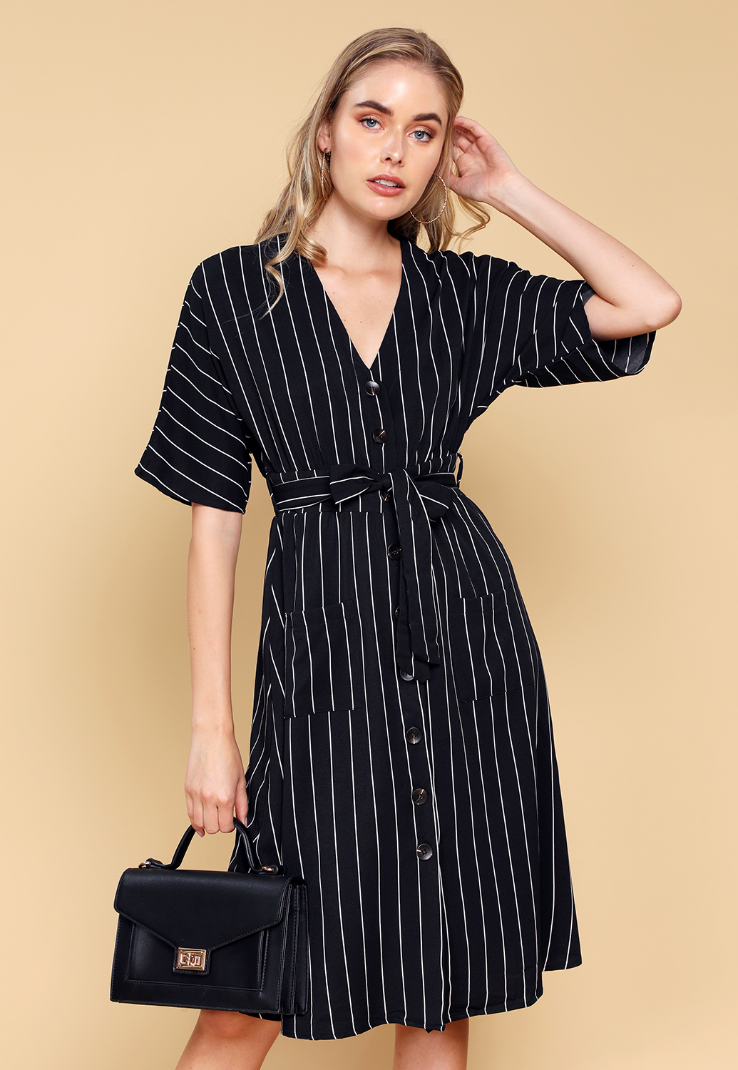 Tie-Front Striped Button Up Dress