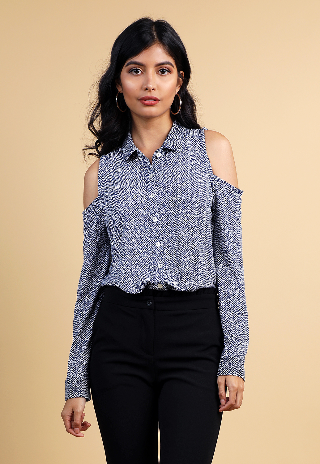 Open-Shoulder Abstract Pattern Button-Down Blouse