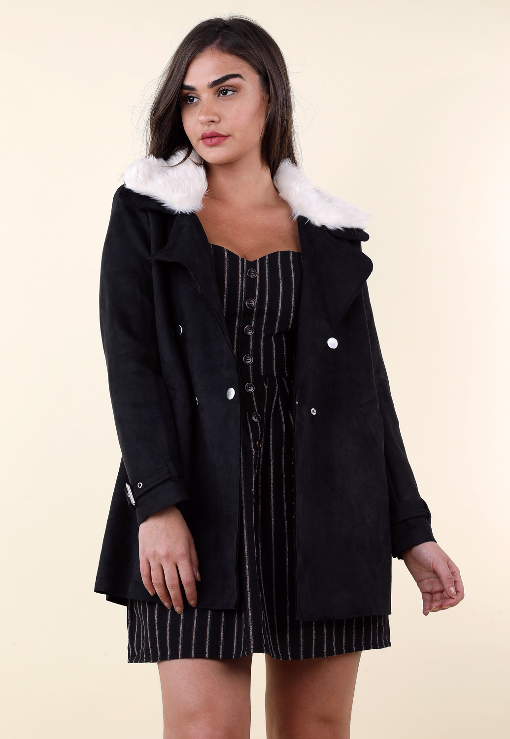 Faux Fur-Trimmed Suede Double Breasted Coat 