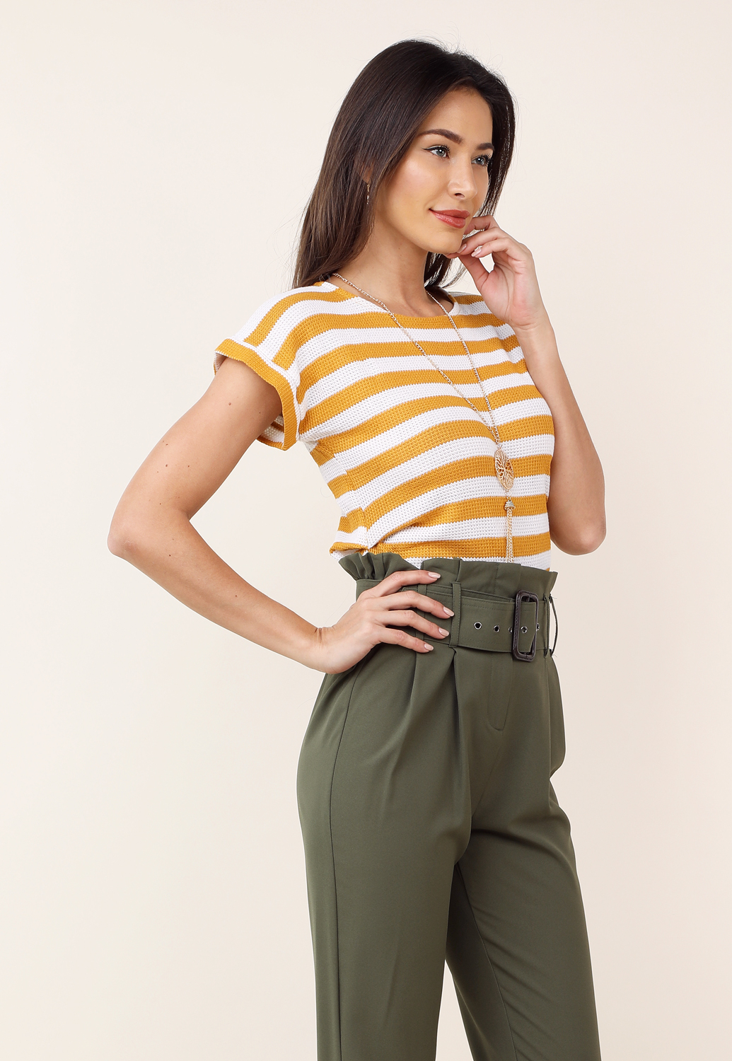 Striped Side Ruched Top W/Necklace 