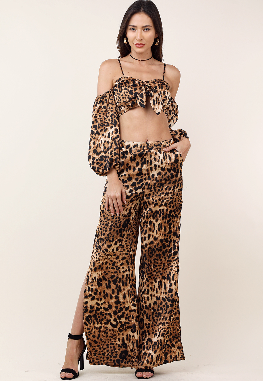 Cheetah Print Cropped Top W/Pants Set 