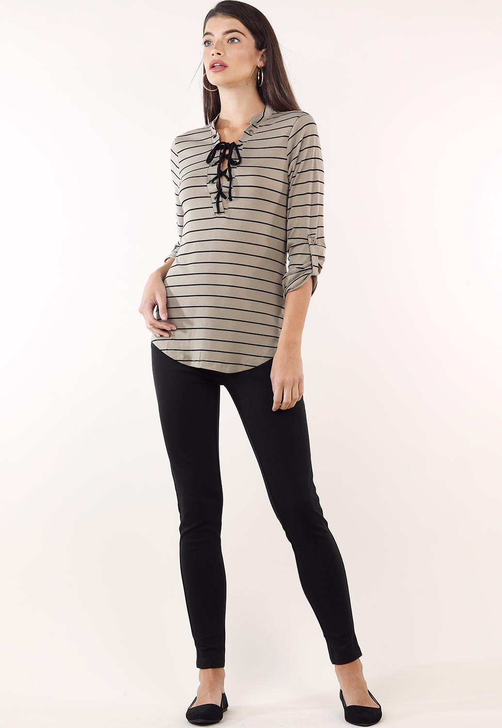 Striped Long Sleeve Lace Up Top