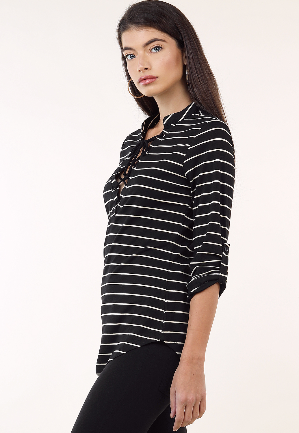 Striped Long Sleeve Lace Up Top