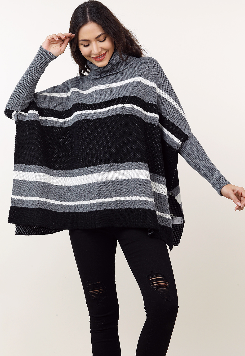 Striped Turtleneck Pancho Knit Sweater