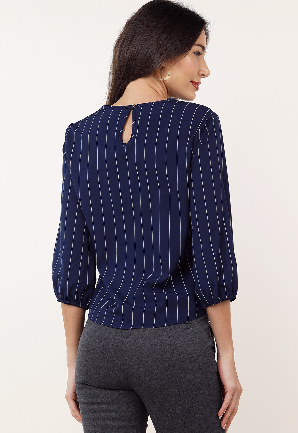  Pinstriped Tie Front Top