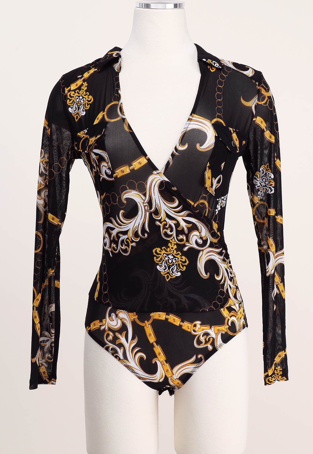 Sheer Mesh Ornate Print Bodysuit 