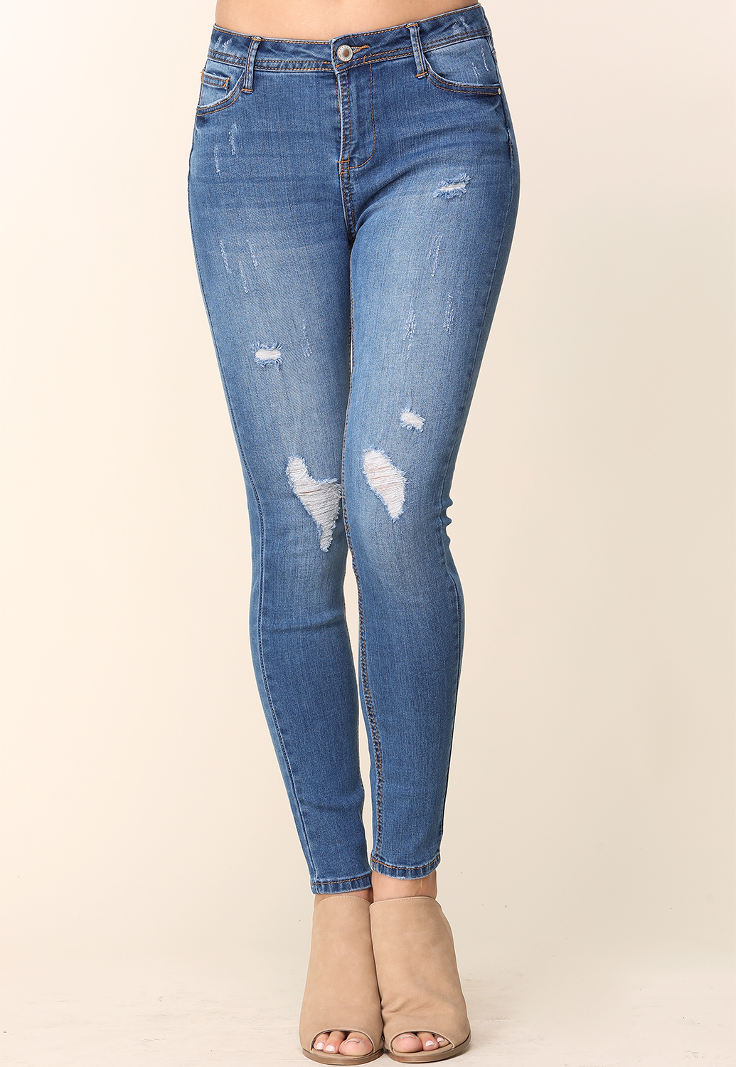 Distressed Mid-Rise Skinny Jeans 