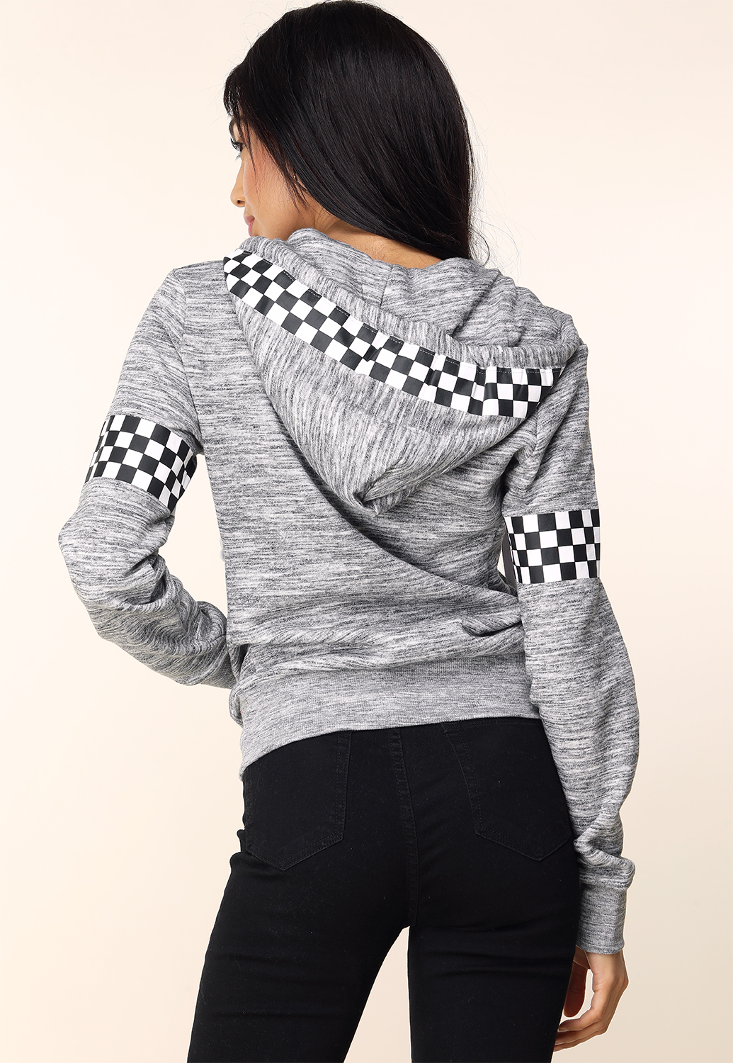 Checkered Print Zipper-Up Hoodie 