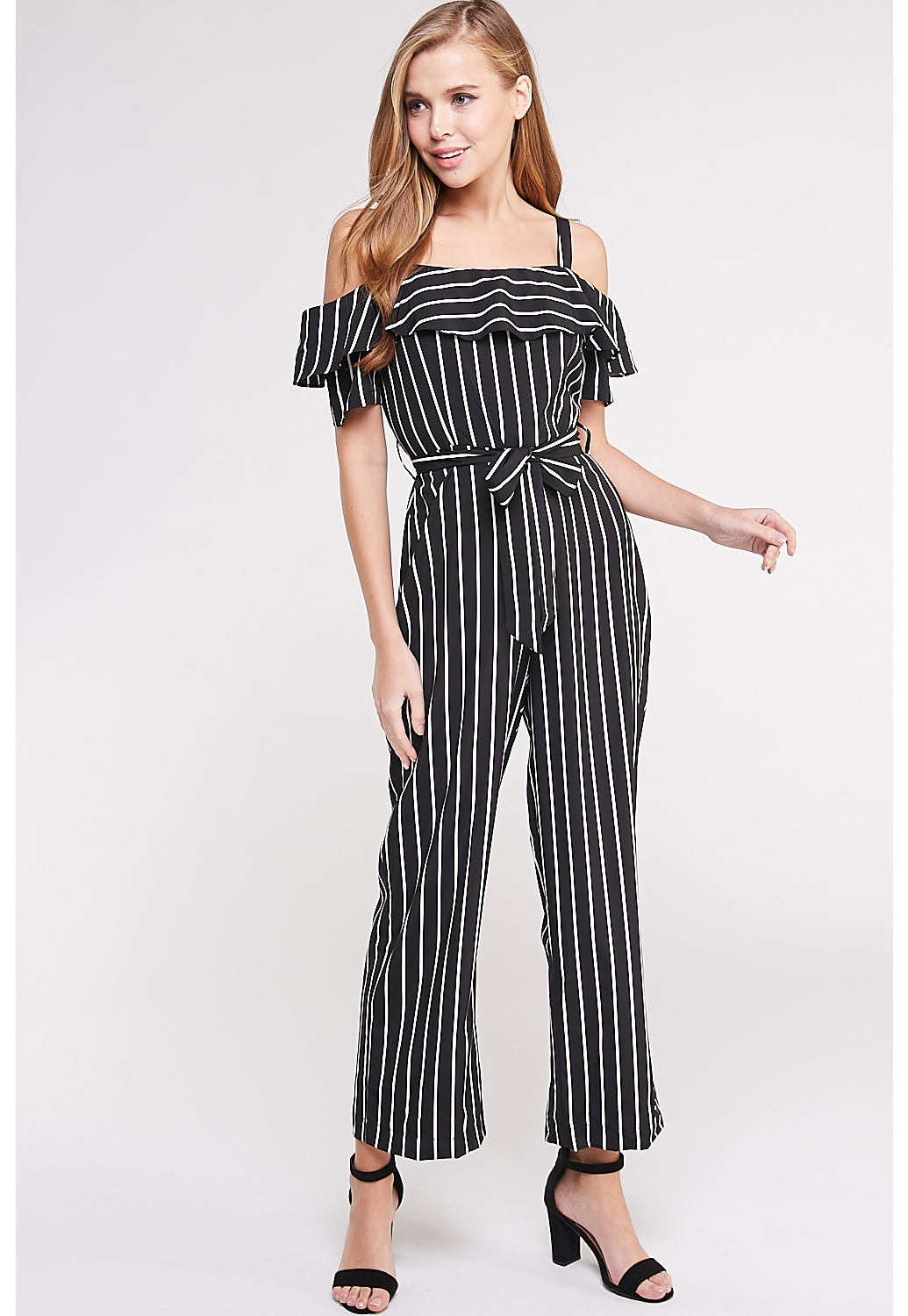 Open The Shoulder Pinstriped Jumpsuit