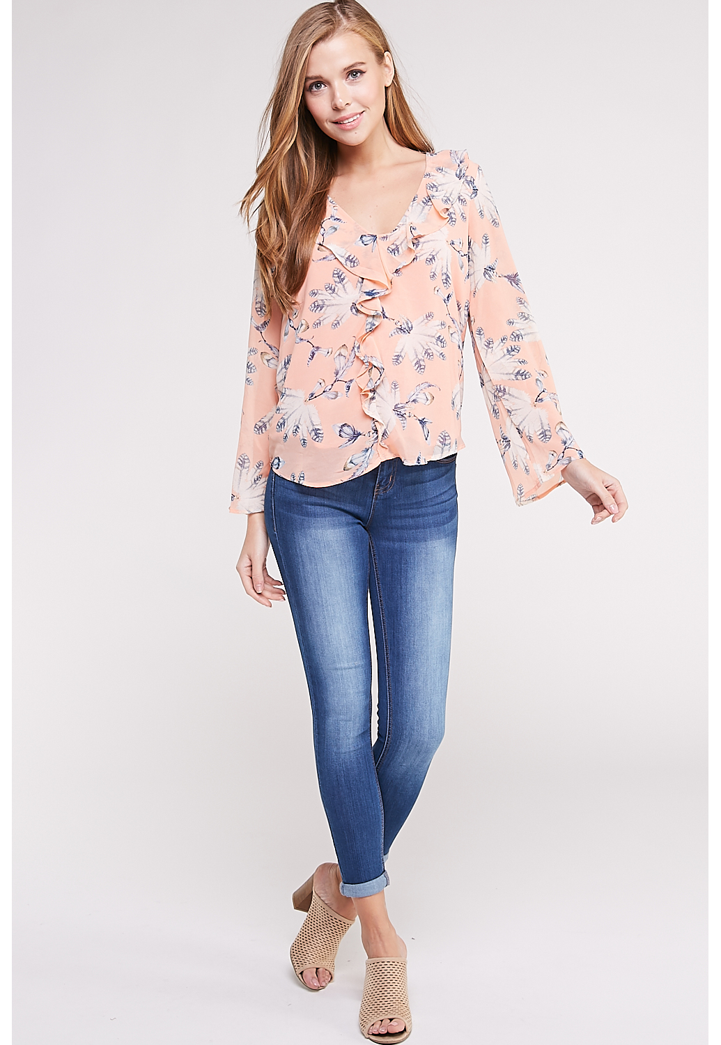 Floral Ruffle Detail Long Sleeve Blouse