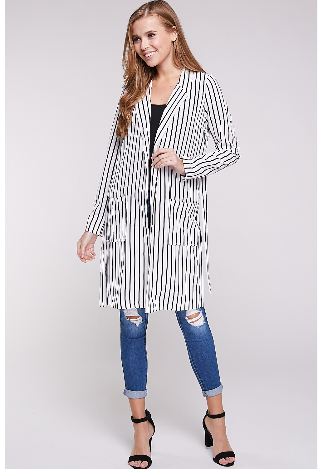 Pinstriped Tie Front Cardigan 