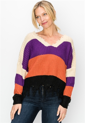 Striped Distressed Knit Sweater 