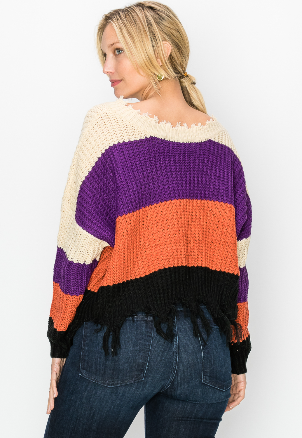 Striped Distressed Knit Sweater 