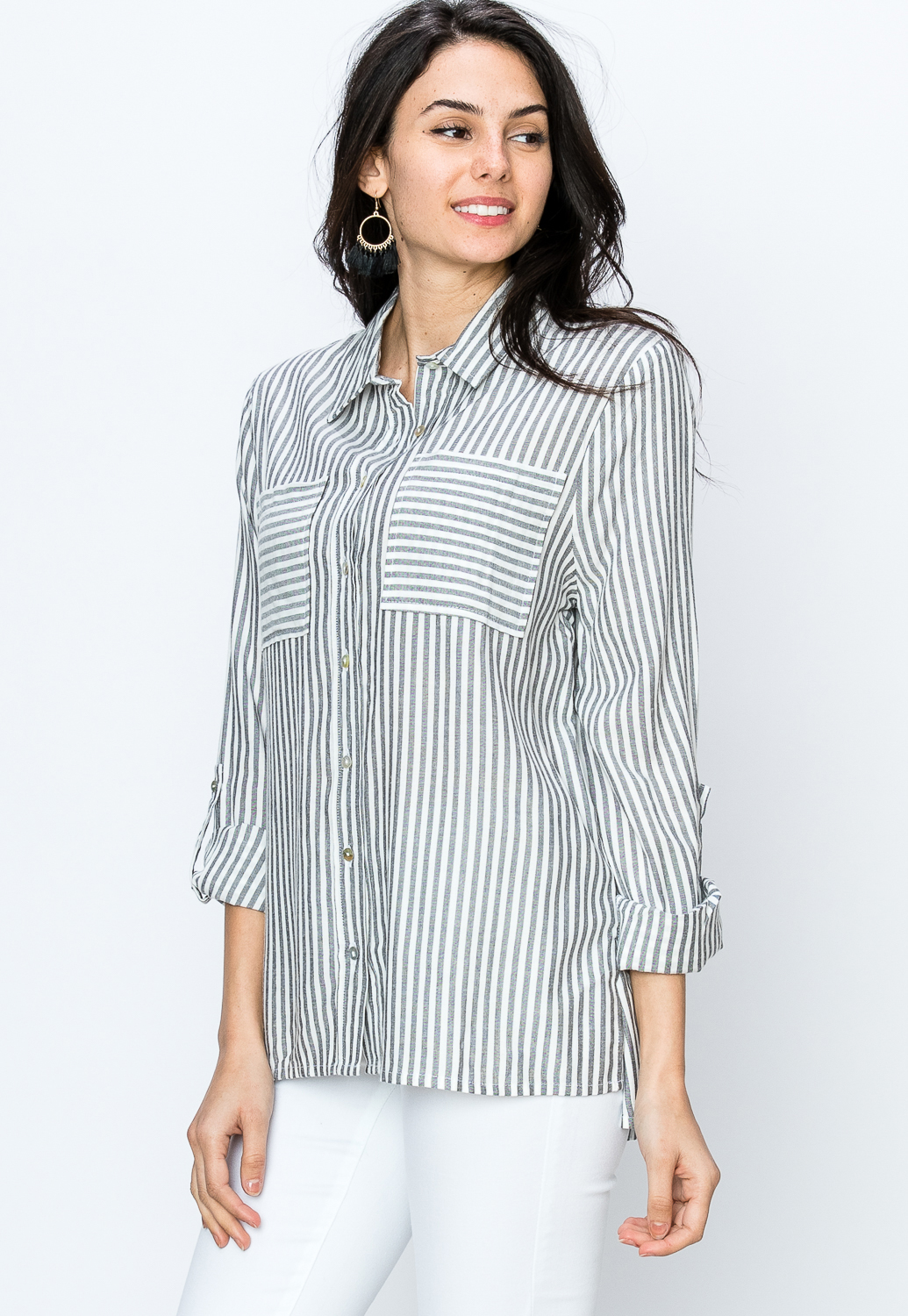 Pinstriped Button Up Casual Blouse 