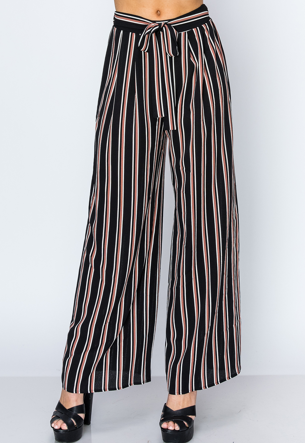 Pinstriped Tie-Front Casual Pants 