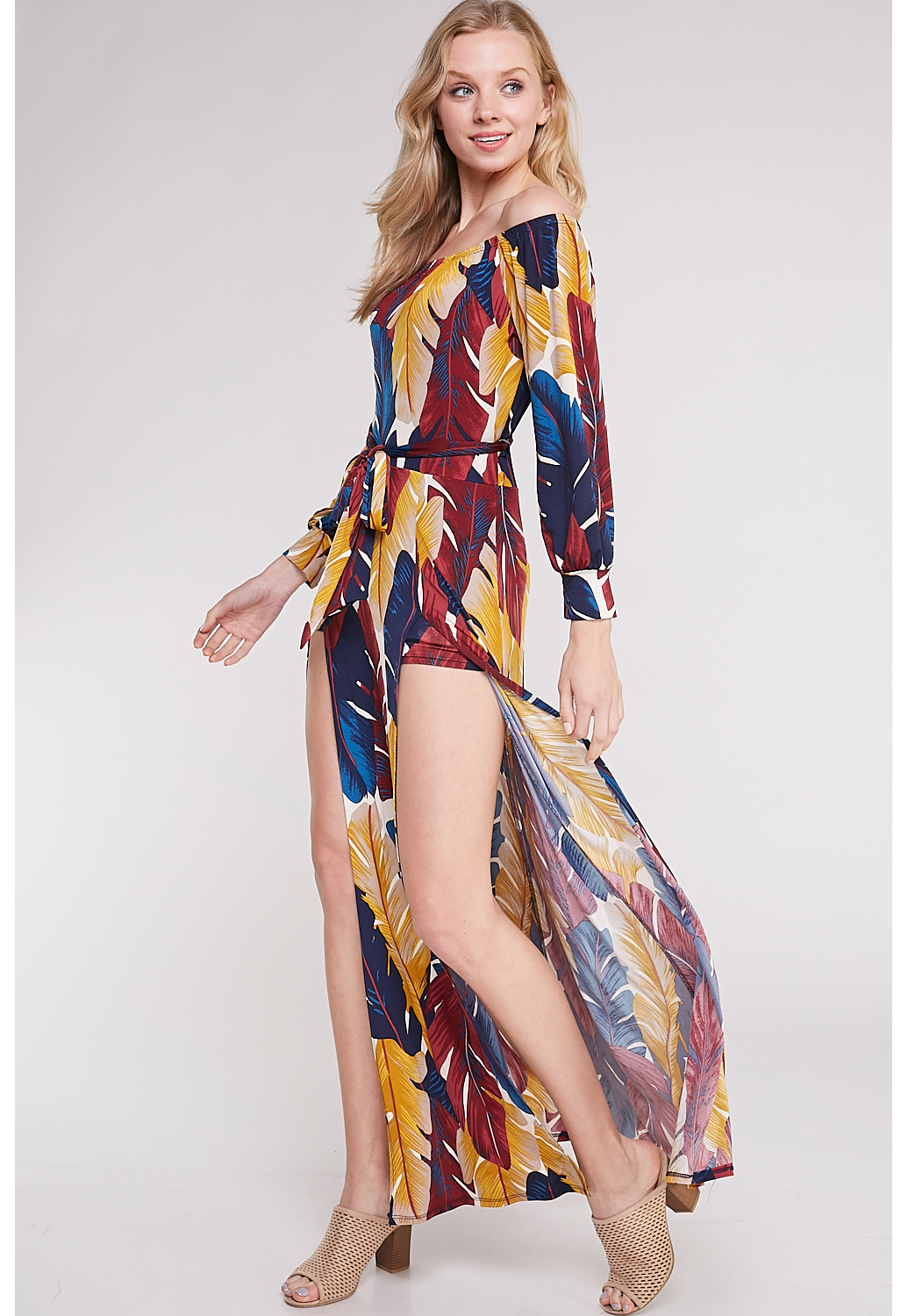 Leaf Print Slit Detail Maxi Dress 