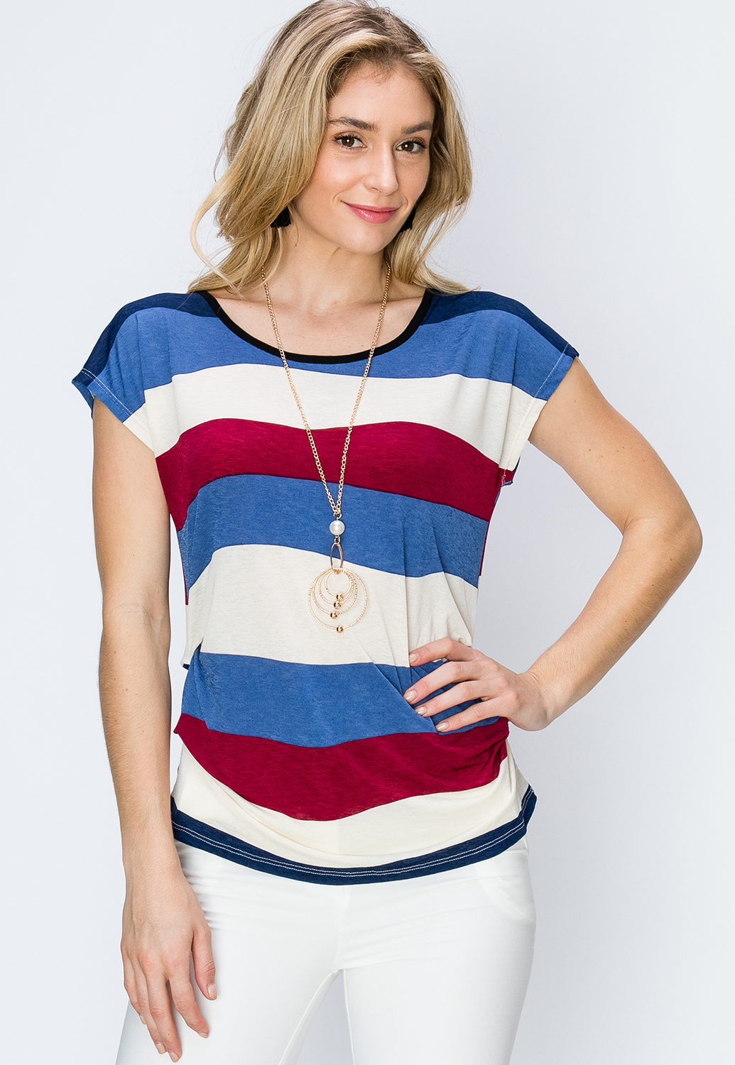 Striped Side Ruched W/Necklace Top 