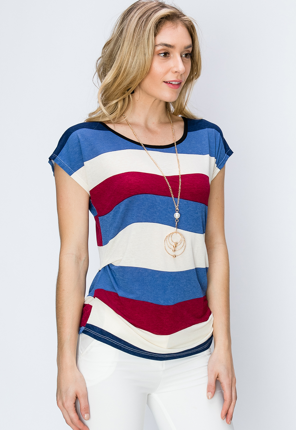 Striped Side Ruched W/Necklace Top 