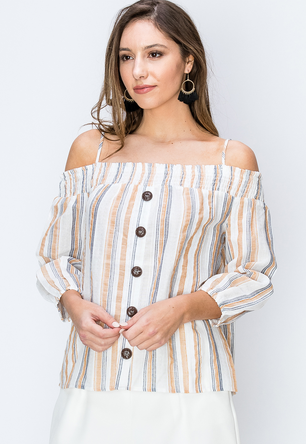 Pinstriped Off The Shoulder Top 