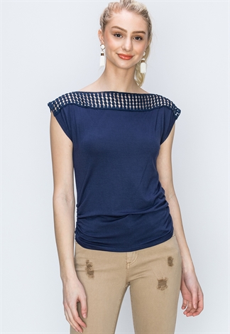 Side Ruched Detail Crochet Trim Top