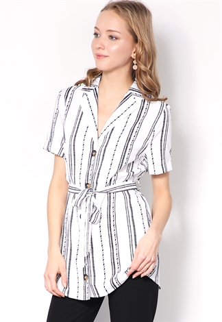  Pinstriped Tie Front Blouse 