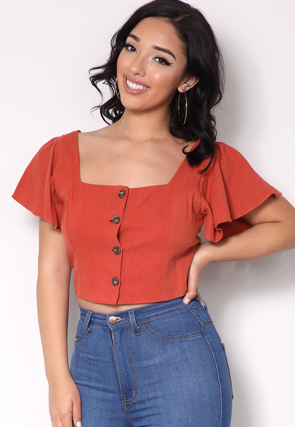 Button Up Flare Crop-Top 