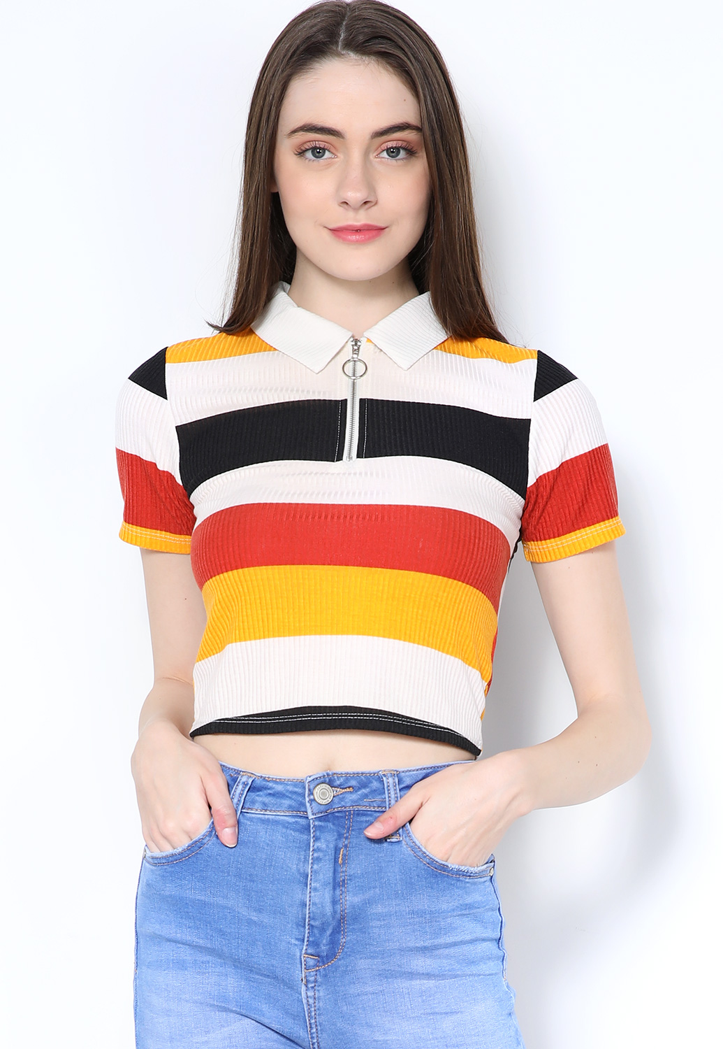 Striped Ribbed Zip-Up Top 