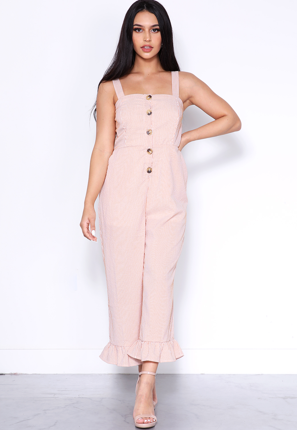 Button Up Pinstriped Jumpsuit 