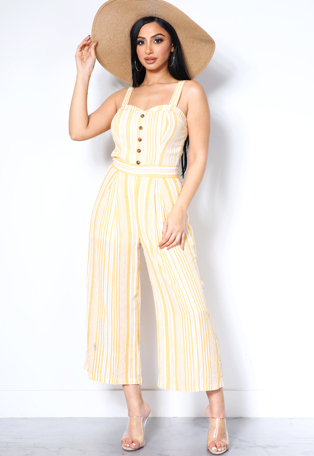 Button Front Pinstriped Jumpsuit