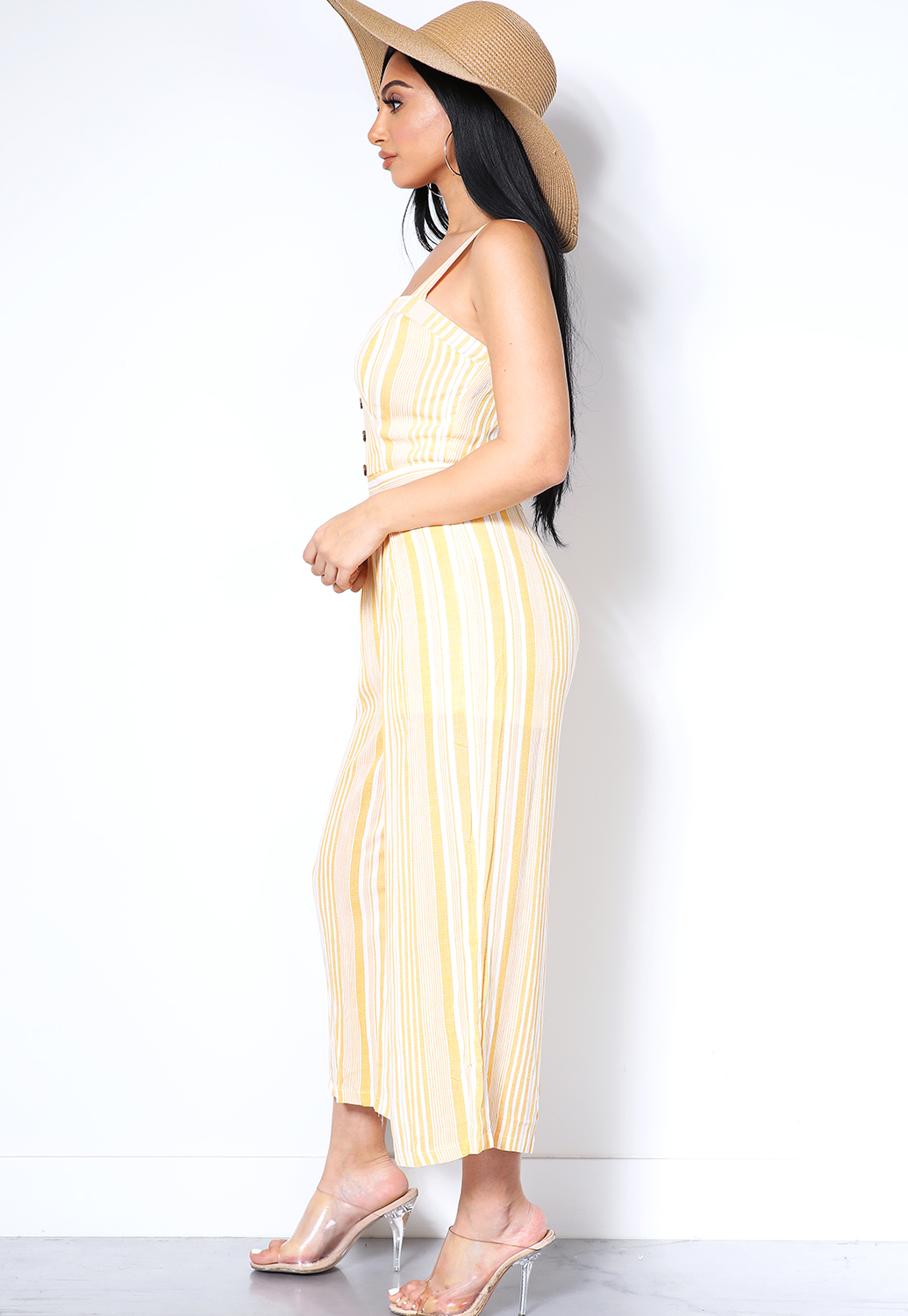 Button Front Pinstriped Jumpsuit