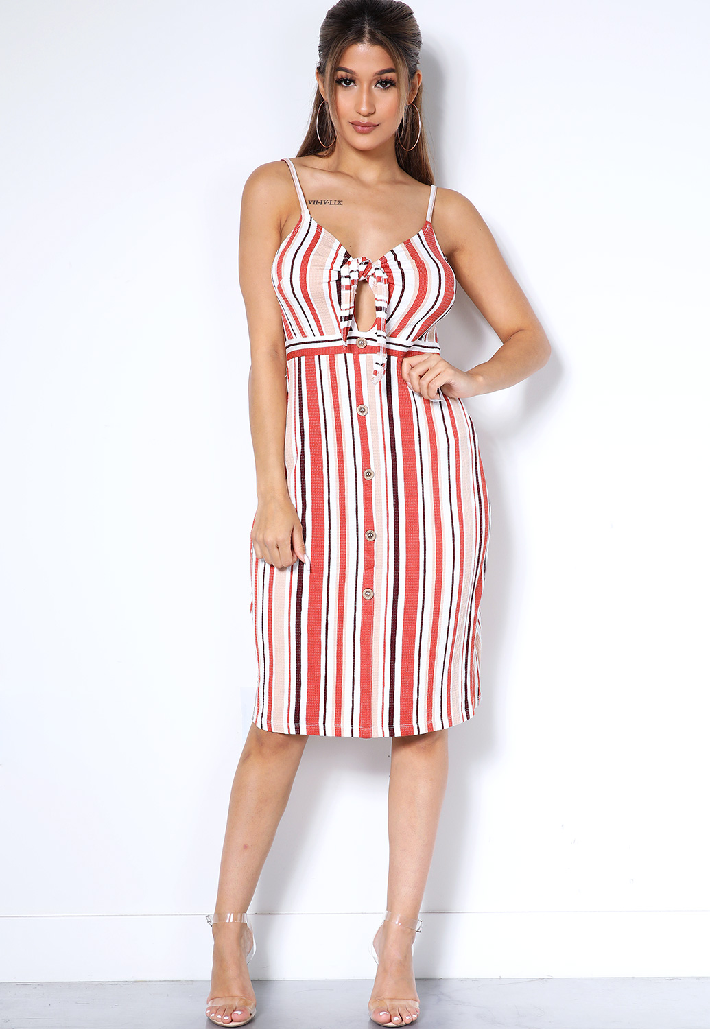  Vertical Striped Tie Front Dress 