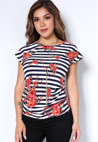 Striped Floral Top W/Necklace