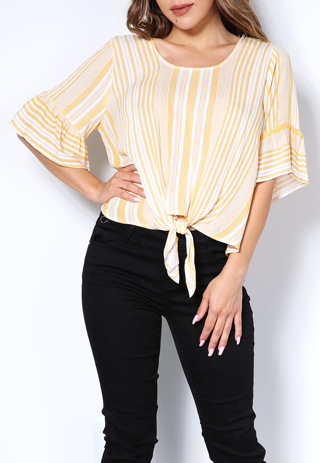 Pinstriped Bell-Sleeve Casual Top 