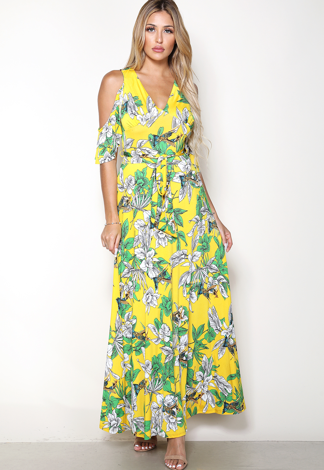 Open Shoulder Floral Print Maxi Dress