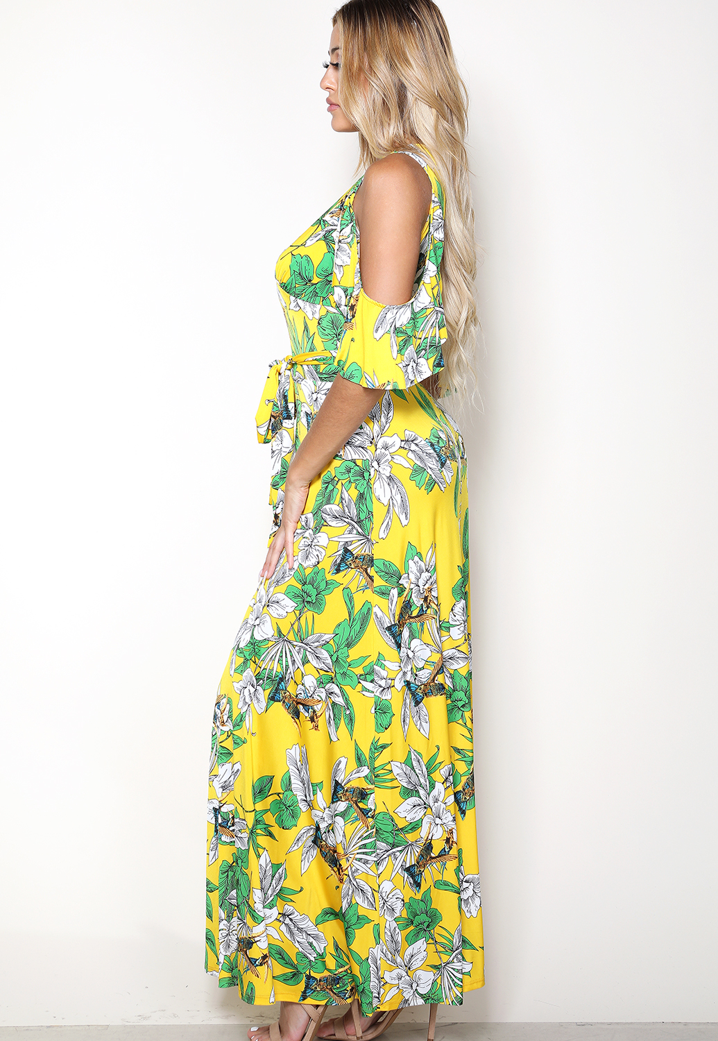 Open Shoulder Floral Print Maxi Dress