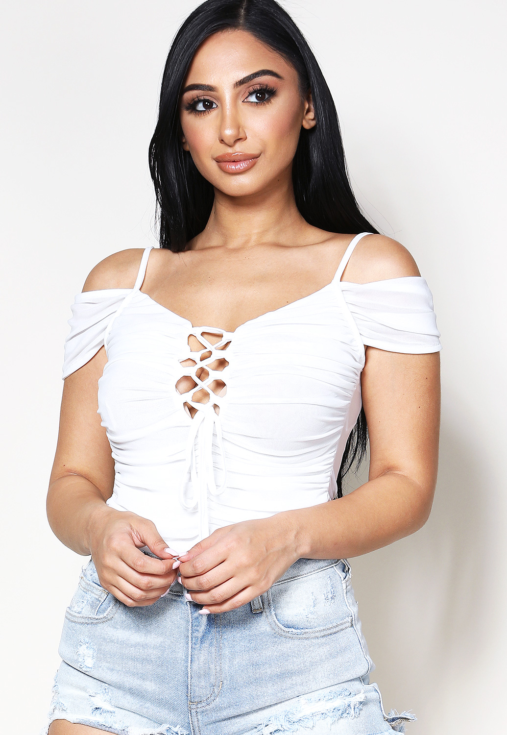 Sheer Mesh Lace Up Top