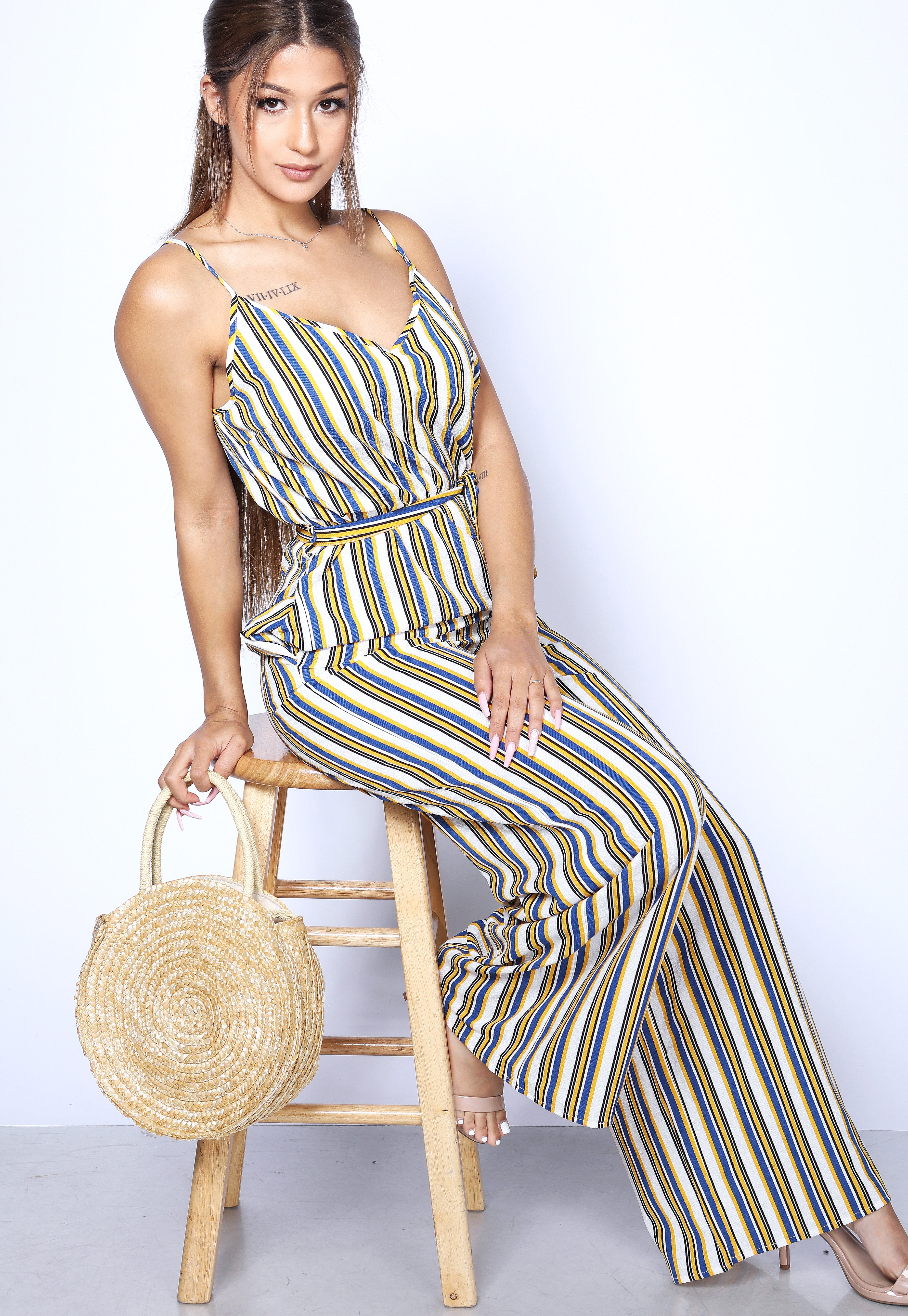Pinstriped Tie Front Jumpsuit