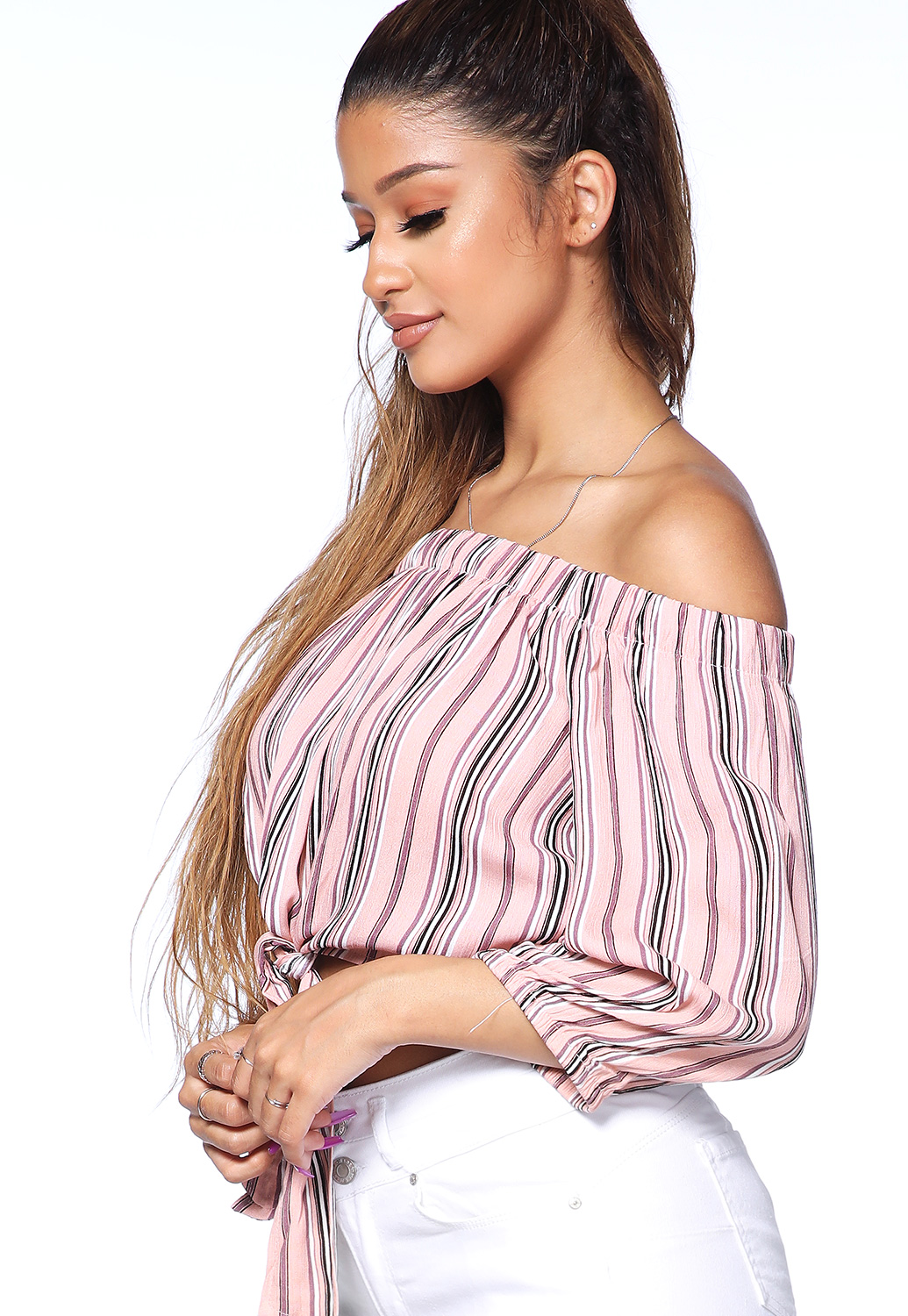 Pinstriped Off The Shoulder Top 